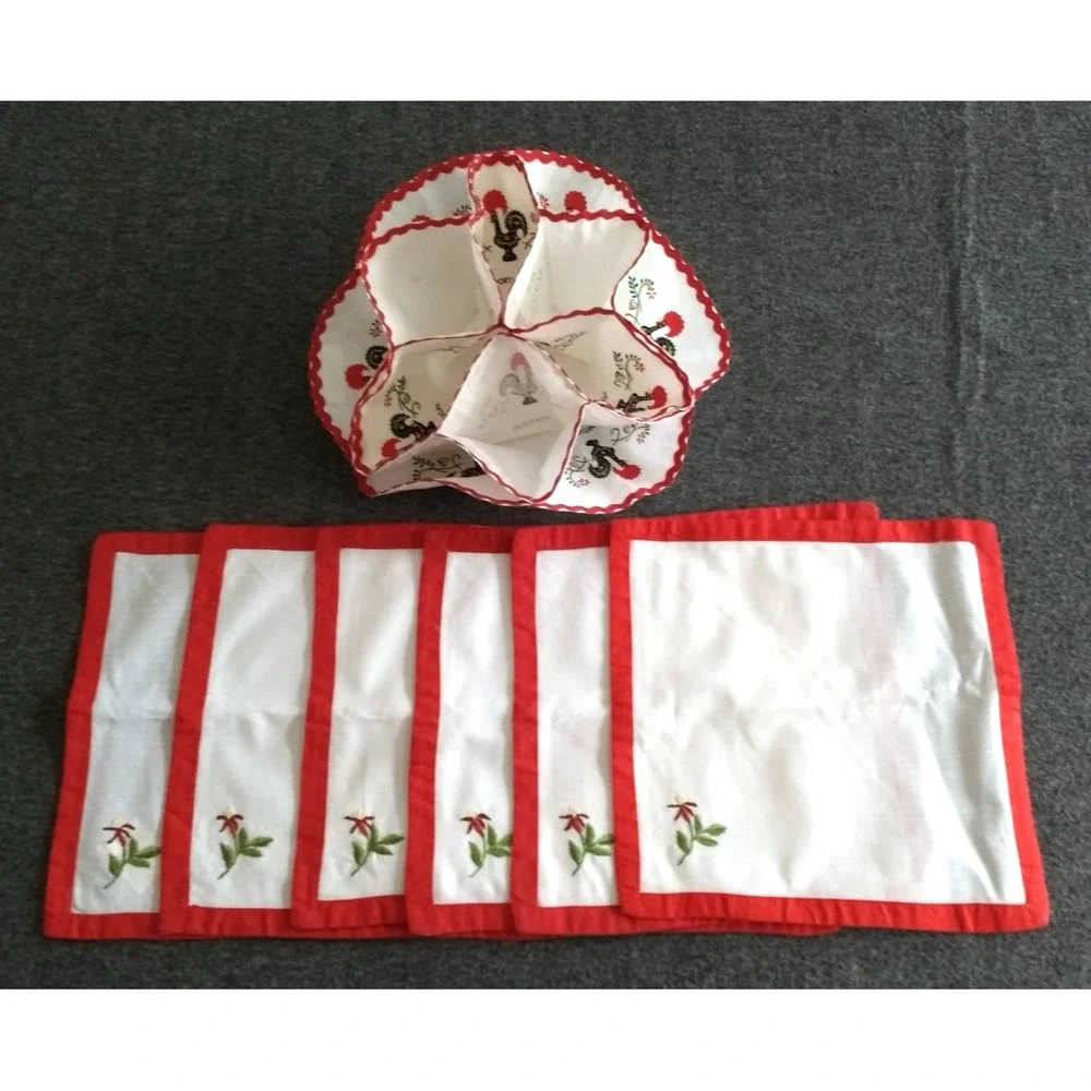 Fabric Bun Roll Biscuit Holder Warmer Rooster Portugal Embroidered Linen Napkins